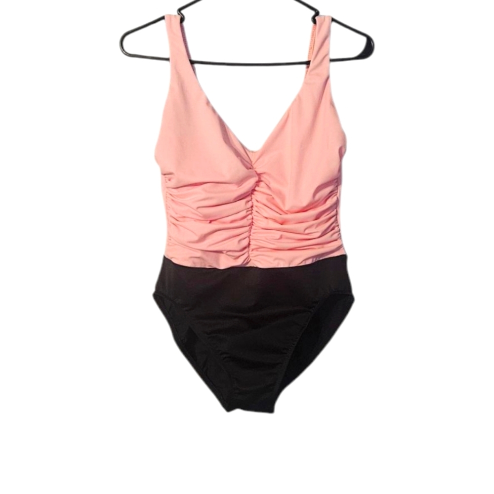 Trimshaper Women's Ruched Pink and Black One Piece Swimsuit Size 10